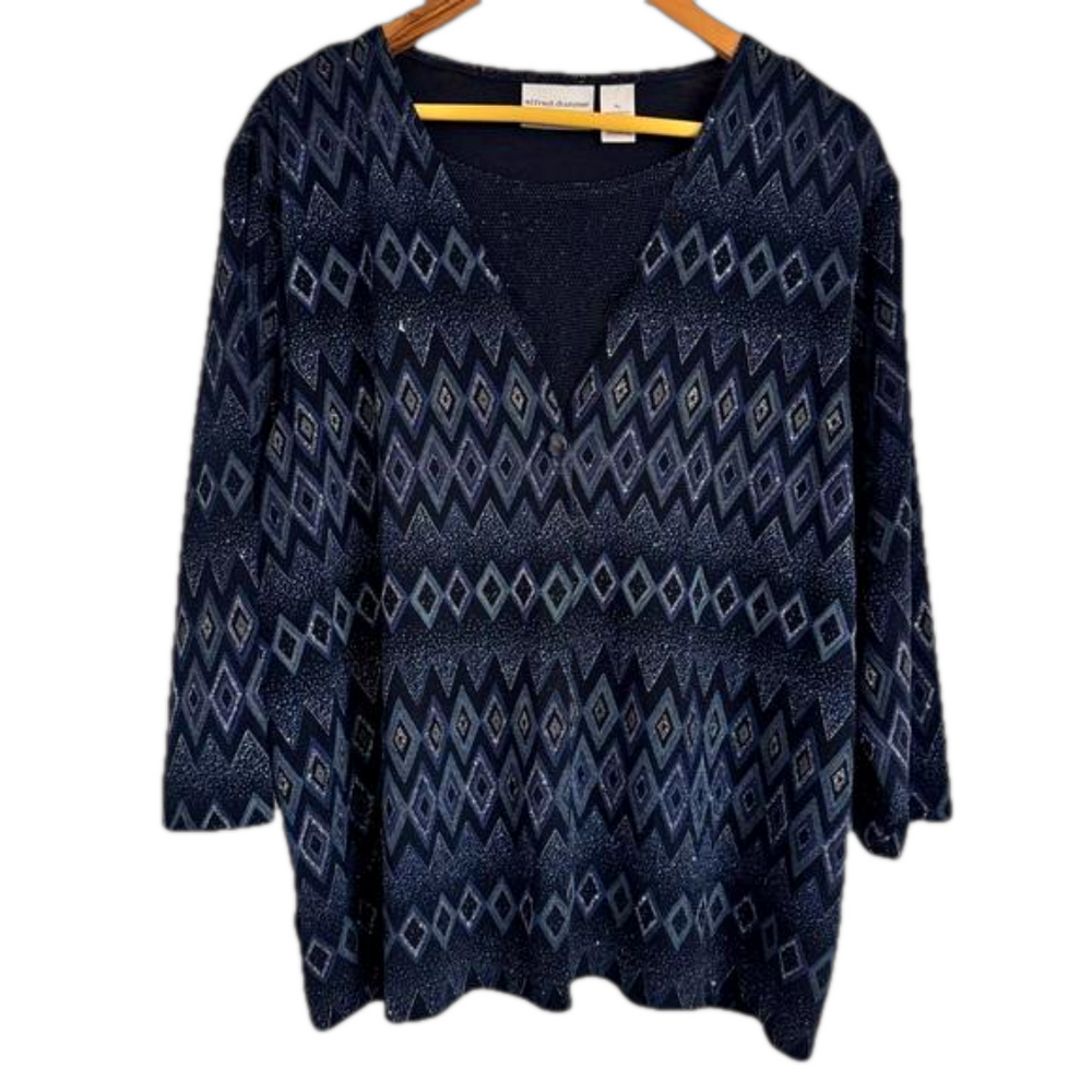 Women's Alfred Dunner Embellished Shimmer Top Black Navy  Size Petite Large